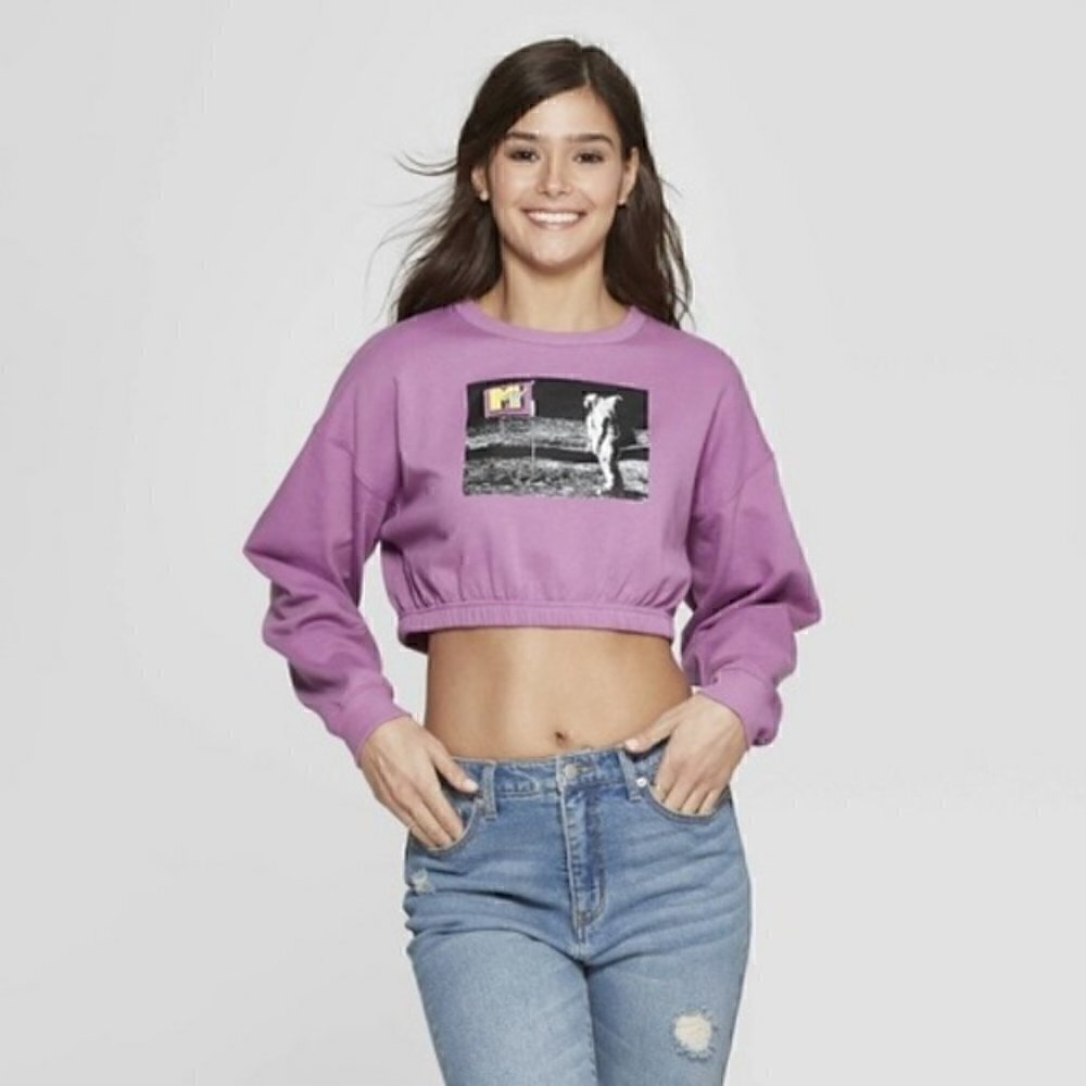 MTV Cropped Sweatshirt S Retro Moon Man Vintage Graphic 80s 90s Y2K 2000s